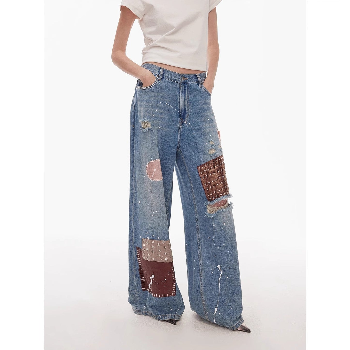"Uninhibited splicing" retro design mid-low waist washed ripped hole splattered paint cloth patch wide-leg jeans - Elysium Limited