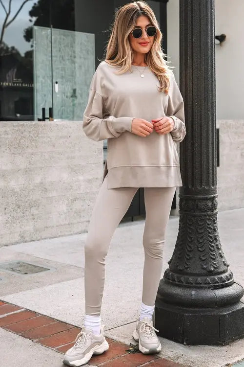 Solid Oversize Sweatshirt and Ribbed Leggings Set Byzantium Bay