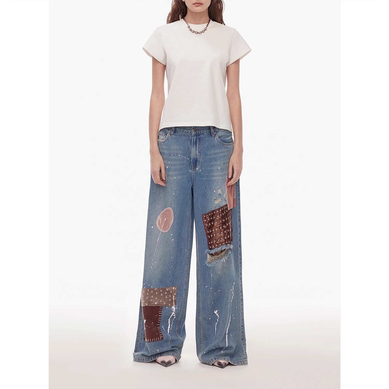 "Uninhibited splicing" retro design mid-low waist washed ripped hole splattered paint cloth patch wide-leg jeans - Elysium Limited