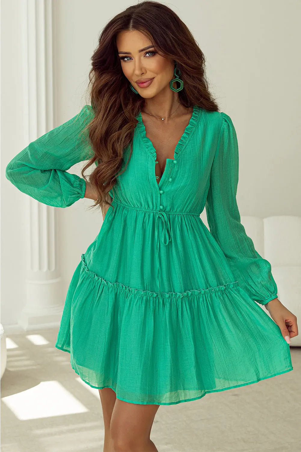 Solid Frilly V-Neck Puff Sleeve Mini Dress Byzantium Bay