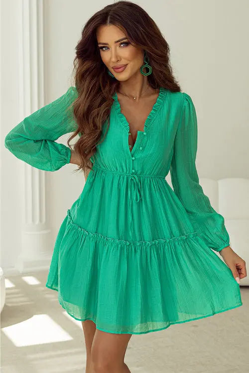 Solid Frilly V-Neck Puff Sleeve Mini Dress Byzantium Bay