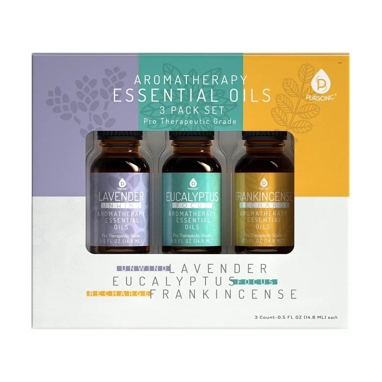 3 Pack Aromatherapy Essential oils (Lavender, Eucalyptus, Frankincense) DC-PURSONIC