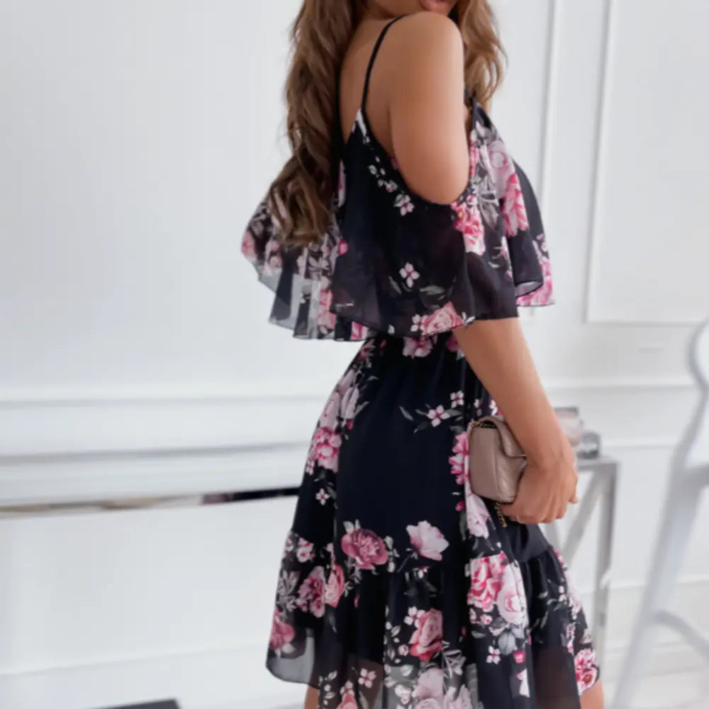 Women Cold Shoulder Ruffle Chiffon Beach Dress Yellow Pandora