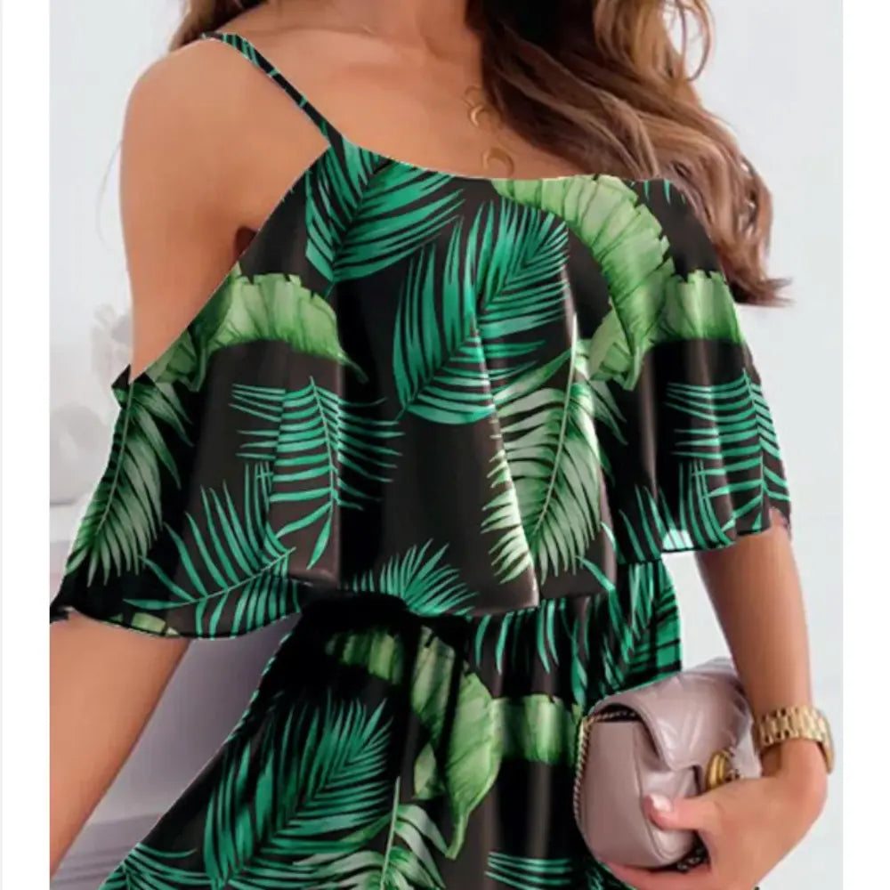 Women Cold Shoulder Ruffle Chiffon Beach Dress Yellow Pandora