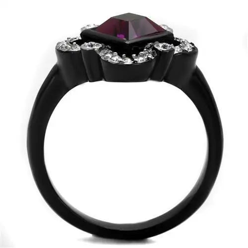 TK2489 - Two-Tone IP Black Stainless Steel Ring with Top Grade Crystal  in Fuchsia Alamode