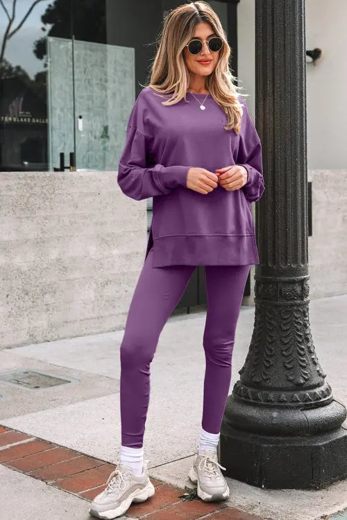 Solid Oversize Sweatshirt and Ribbed Leggings Set Byzantium Bay