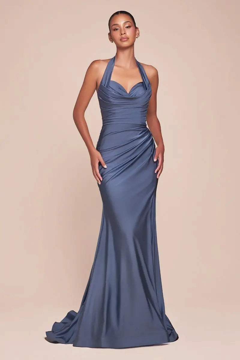 Stetch Satin Halter Fitted Dress 2 Tux-USA