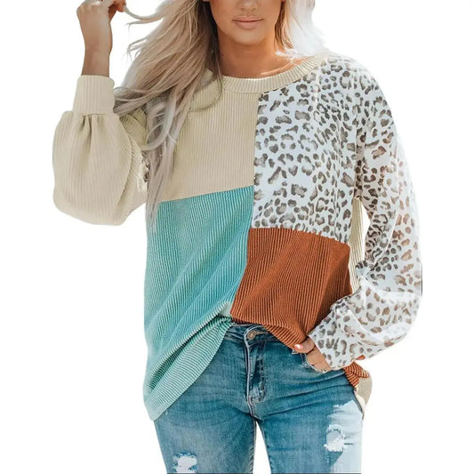 Leopard Patchwork Color Block Ribbed Long Sleeve Top Peach Castor
