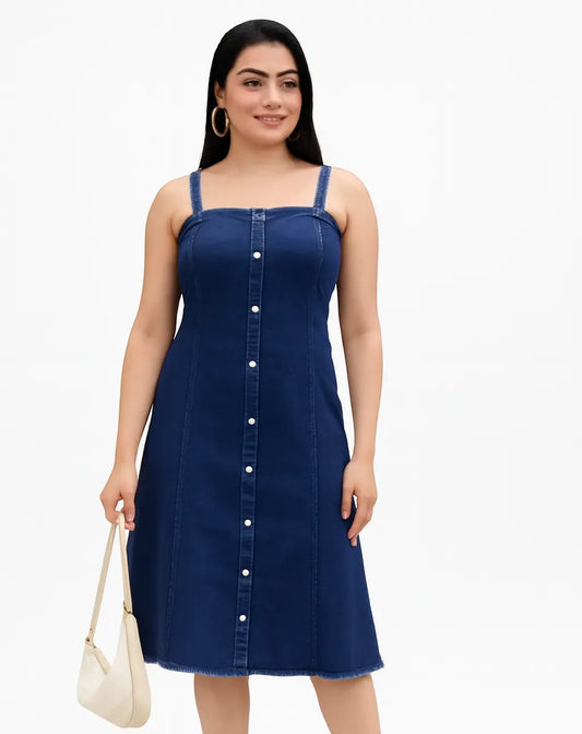 Women's Denim Strappy Button-Front Dress-Dark Blue (Size-3XL) Black Pear
