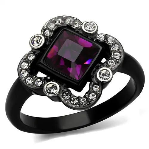 TK2489 - Two-Tone IP Black Stainless Steel Ring with Top Grade Crystal  in Fuchsia Alamode